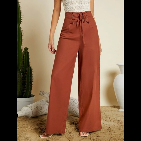 SHEIN Pants - SHEIN High-Waist Lace-Up Back Pants | Burnt Orange | Small | NWT